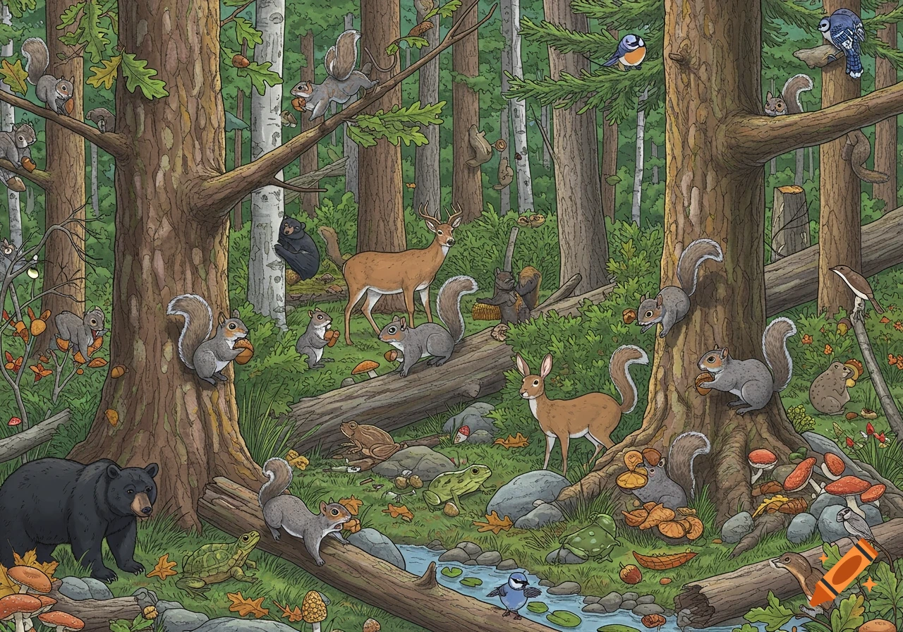Highly detailed whimsical illustration of a dense forest packed with gray squirrels, hidden bear, deer, frogs, birds, mushrooms, and logs.