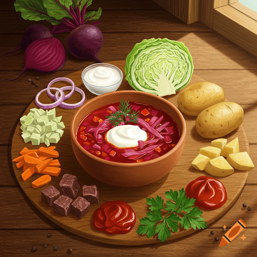 An illustration of a bowl of borscht with sour cream, surrounded by raw ingredients like beets, cabbage, potatoes, carrots, and beef on a wooden table.
