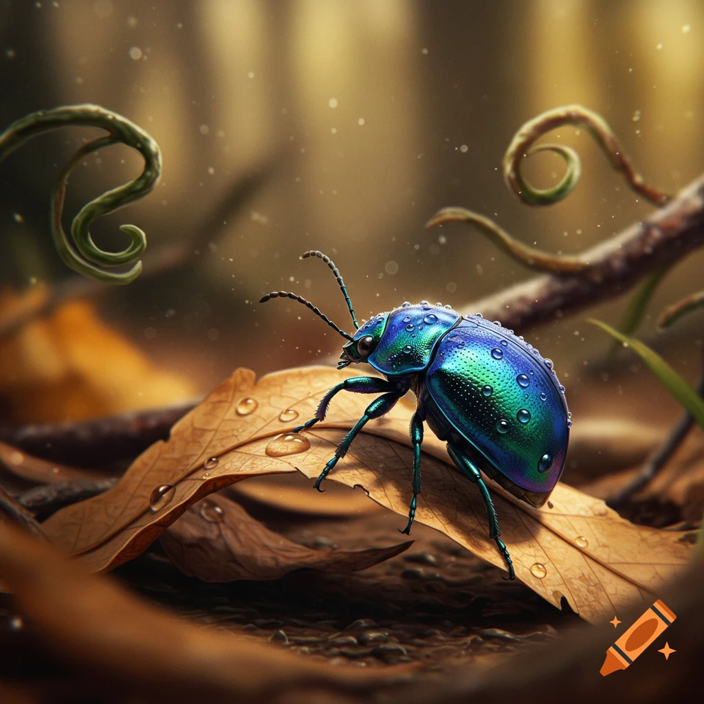 A detailed macro shot of a metallic blue-green beetle with water droplets resting on a brown leaf on the forest floor.