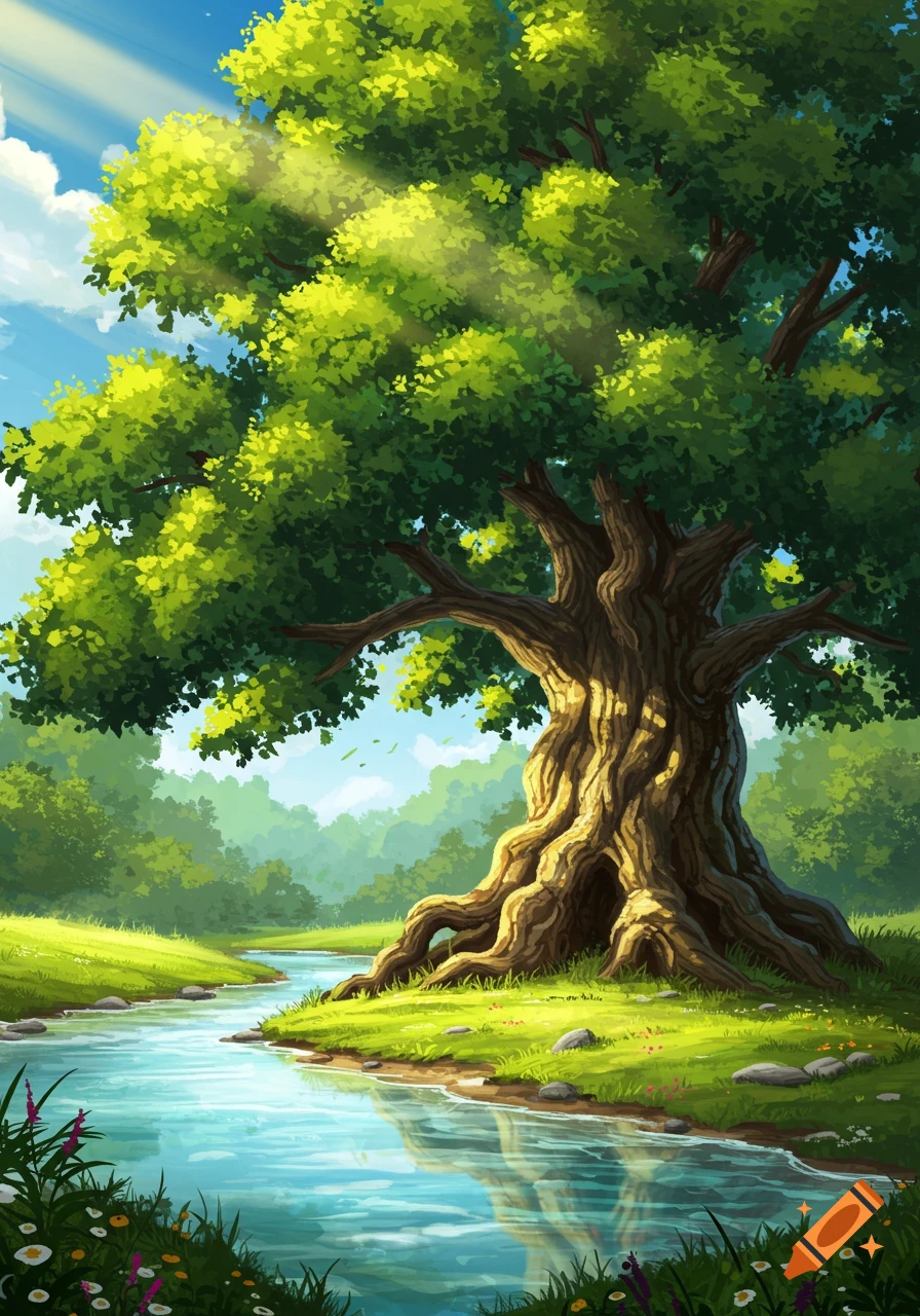 Illustrative painting of a large, gnarled tree on a grassy riverbank under a sunny blue sky.
