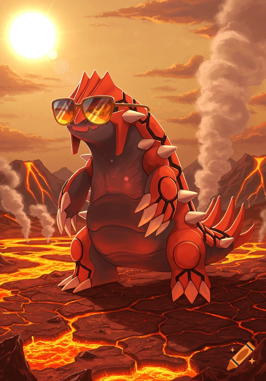 Red Pokémon Groudon wearing sunglasses stands in a vibrant volcanic landscape under a bright sun.
