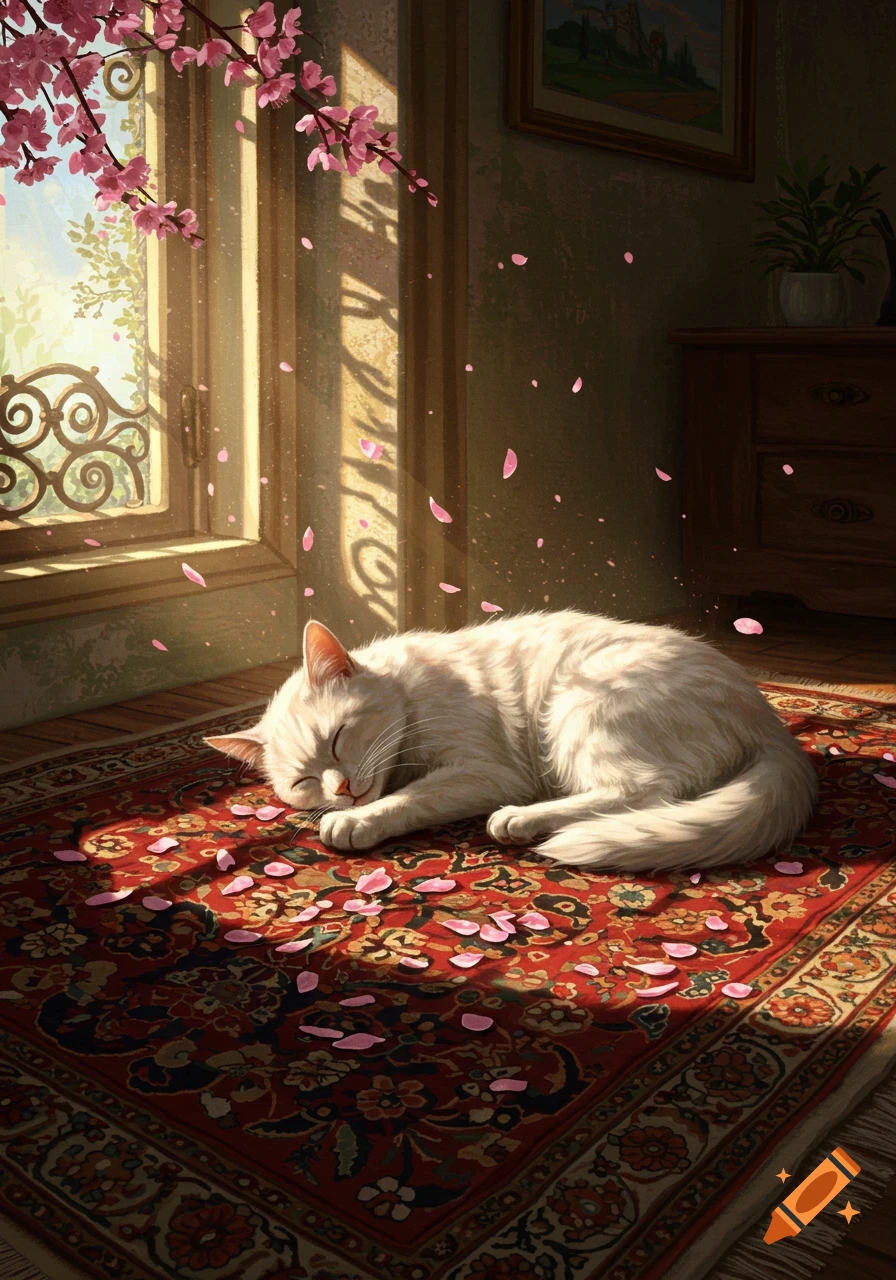 A white cat sleeps peacefully on a red patterned rug, illuminated by sunlight streaming through a window with falling pink cherry blossoms. Illustrated.