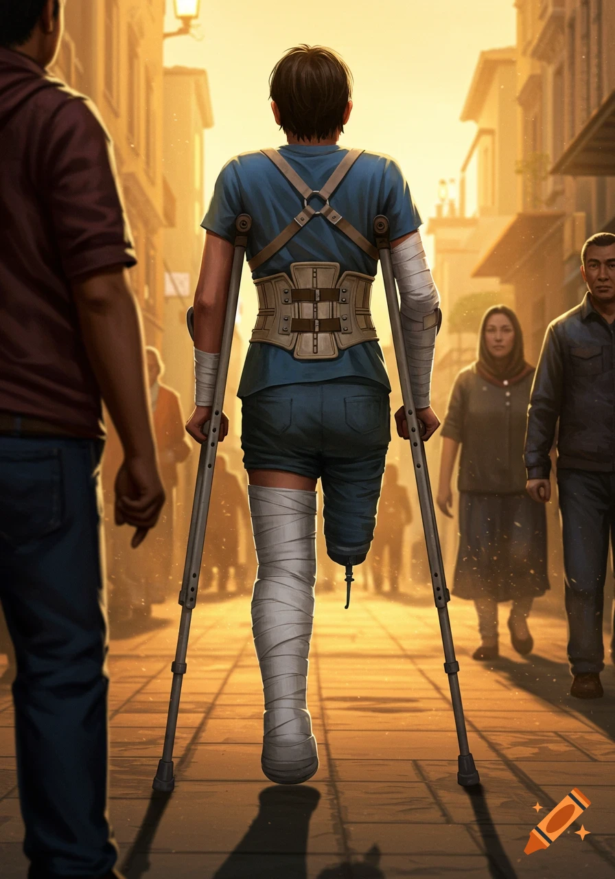 A person with a back brace, arm bandage, and one bandaged leg walks on crutches down a sunny street, seen from behind.