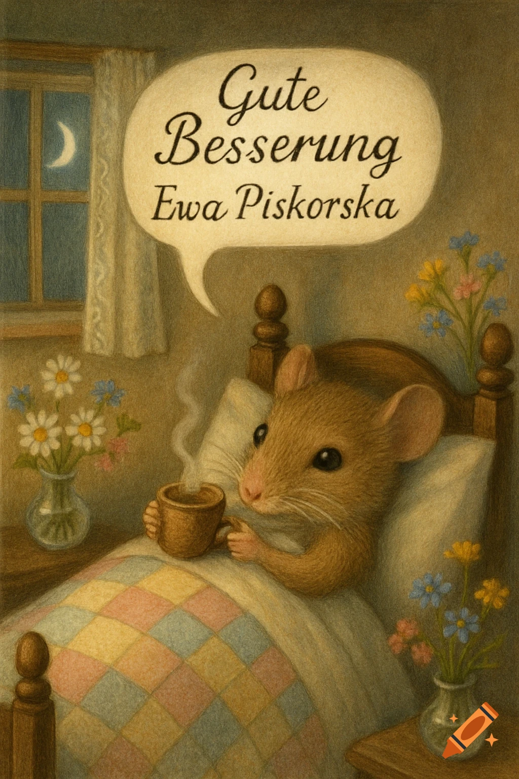 A cute mouse lies in bed, holding a steaming mug, with a speech bubble saying 'Gute Besserung Ewa Piskorska'. Children's book illustration.