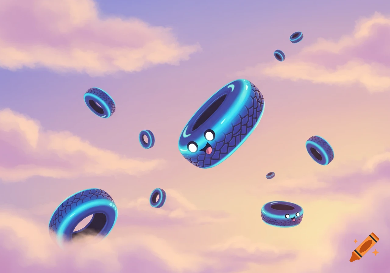 Cartoon blue tires with faces float in a pastel pink and purple cloudy sky.