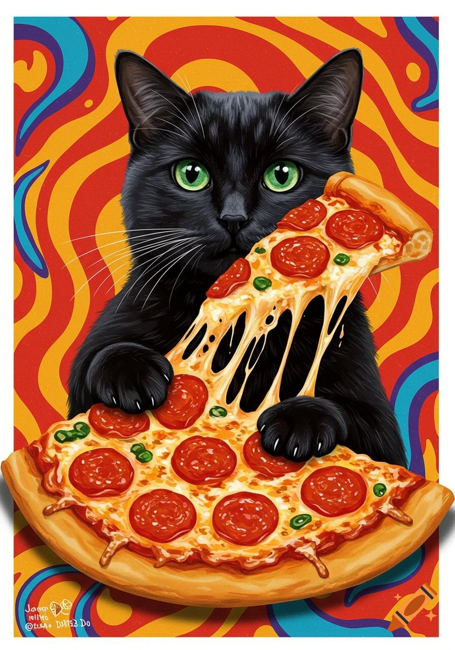 Illustrative black cat with green eyes holding a slice of pepperoni pizza with stringy cheese against a psychedelic red and yellow background.