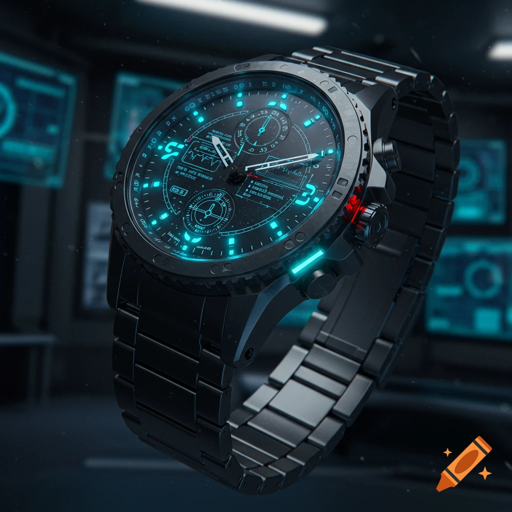 A black, futuristic spy gadget watch with a glowing blue digital display and a metal strap, in a dark, tech-filled room.
