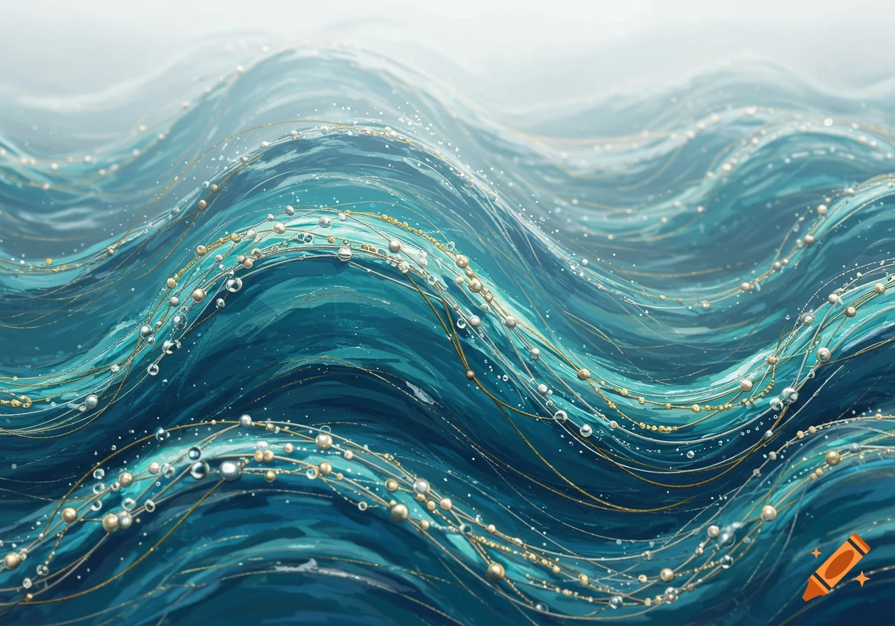 Abstract blue and teal waves interwoven with shimmering golden and silver threads, adorned with sparkling droplets.