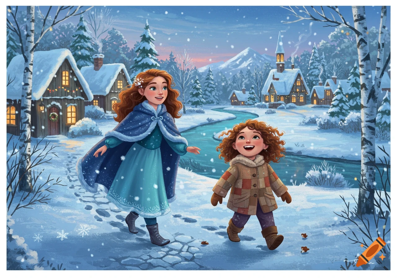 Two happy girls walk through a whimsical snowy village with a river and forest under falling snow, in a fairy tale illustration.