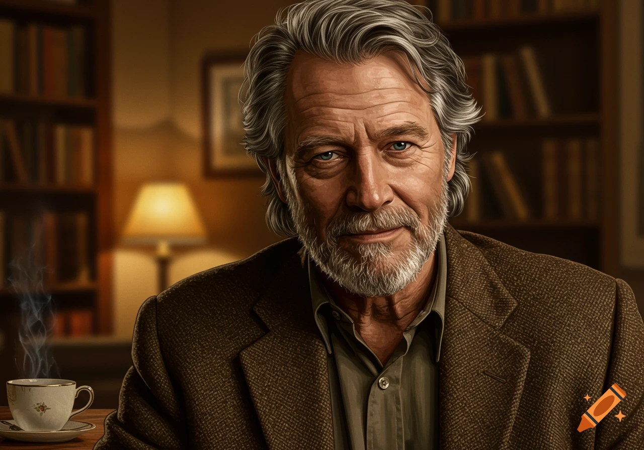 A photorealistic portrait of an older man with gray hair and a beard, wearing a brown jacket, sitting in a dimly lit library with a cup of steaming tea.