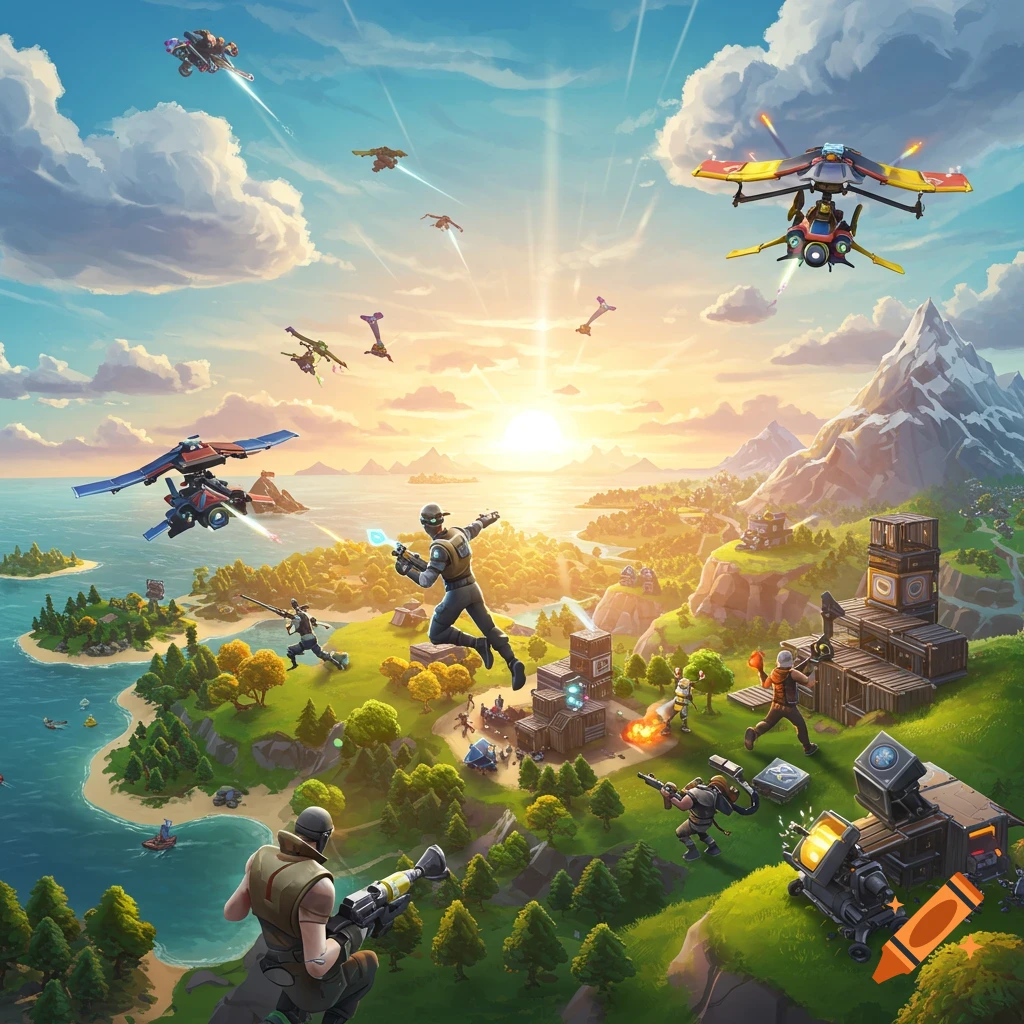 Fortnite-style battle scene on a sunny island with characters, flying vehicles, and structures amidst combat.