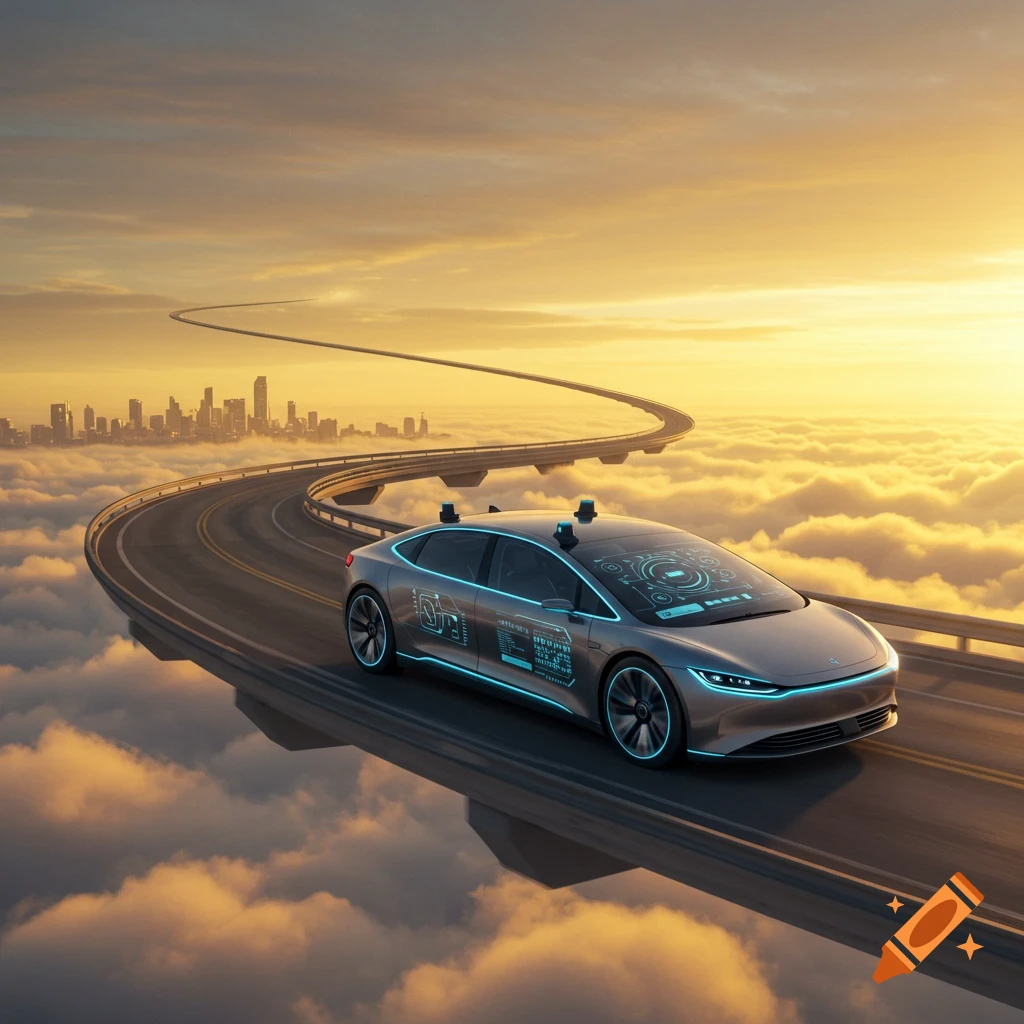 A futuristic autonomous car drives on a winding road above golden clouds towards a distant city at sunset.