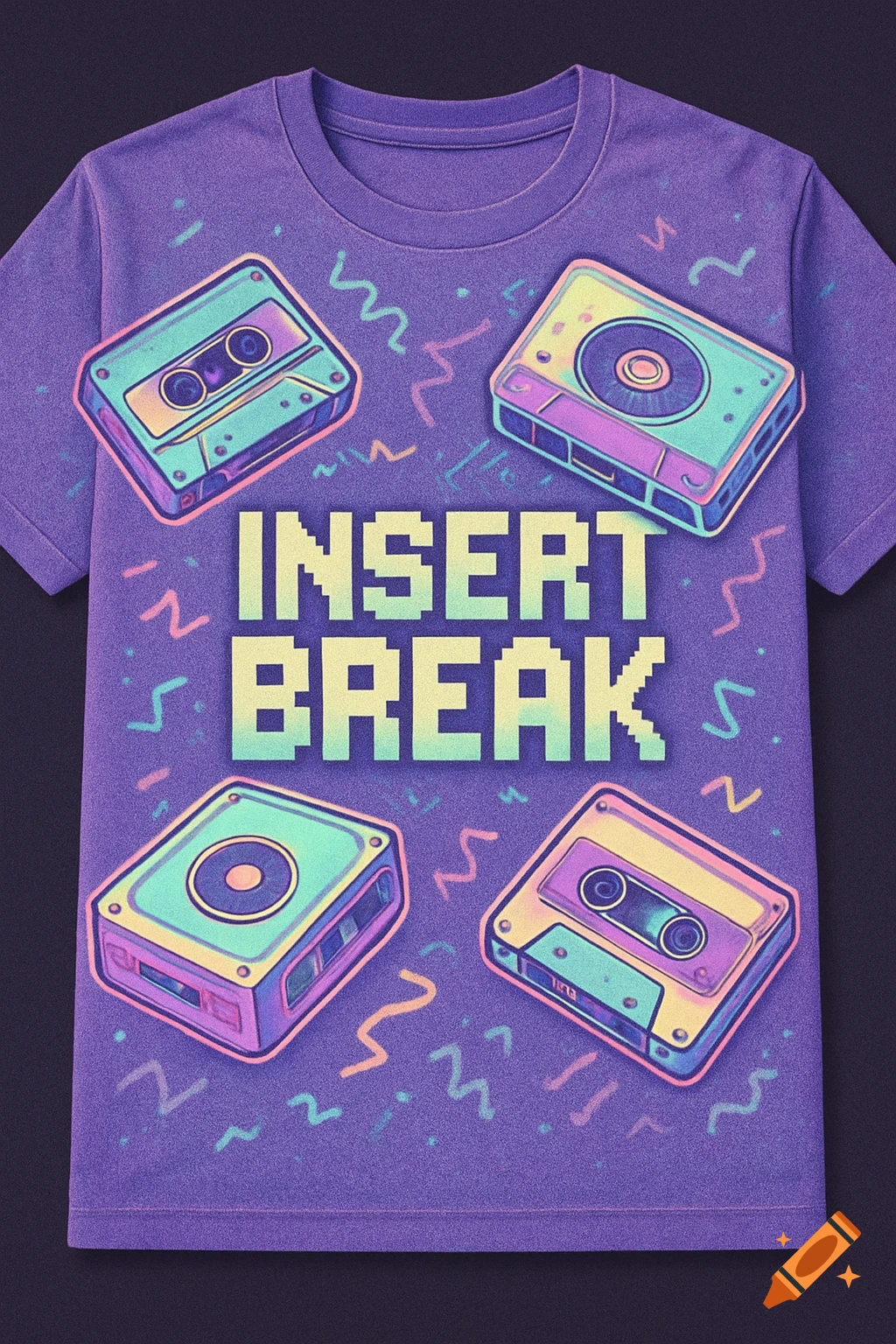 A purple t-shirt with a retro 90s design featuring pastel cassette tapes and pixelated text 'INSERT BREAK' with neon highlights.