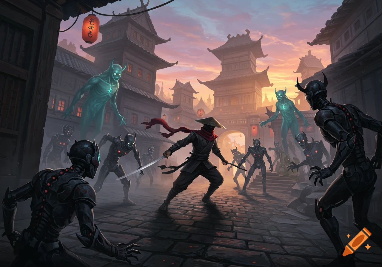 A ninja with a katana battles glowing demons and dark robots in a Japanese-style town at sunrise.