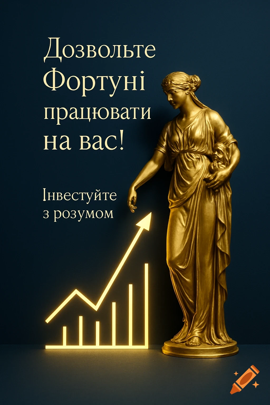 A golden statue of Fortuna next to an upward-glowing trend graph on a dark blue background. Ukrainian text reads: "Let Fortune work for you! Invest wisely".