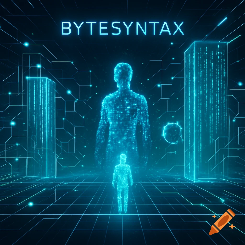 Glowing digital human figures standing on a data grid with the word BYTESYNTAX above in a futuristic, abstract style.