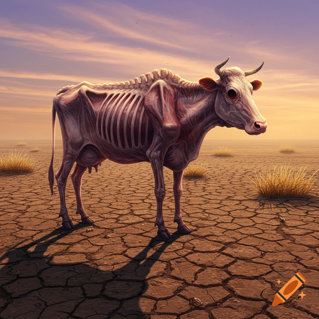 An emaciated, skeletal cow stands in a cracked, dry desert at sunset.