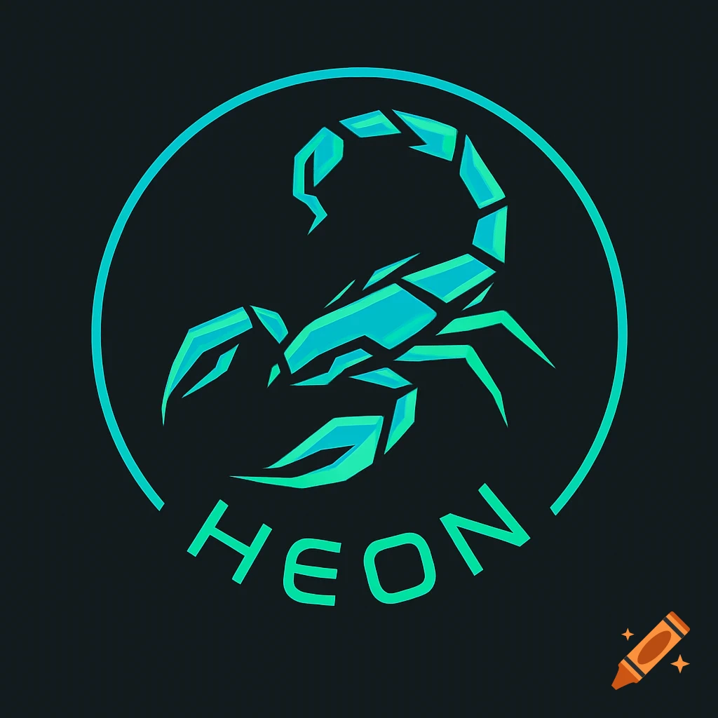 Modern electric blue angular scorpion logo within a circular outline, with the word HEON curved below it on a dark background.