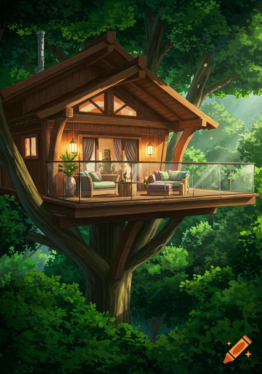 A detailed illustration of a luxurious wooden treehouse with a furnished balcony, nestled in a vibrant green forest.
