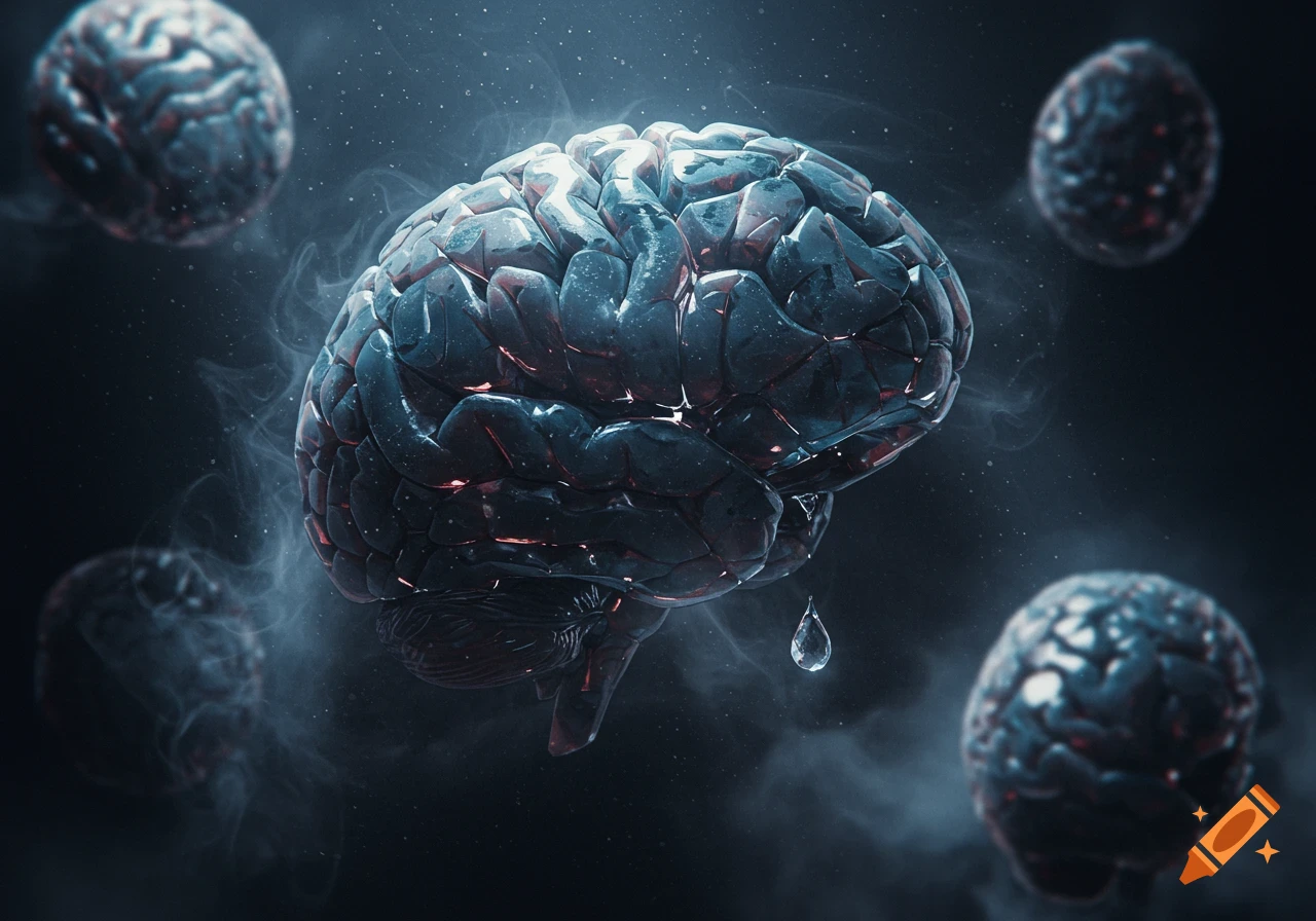 A stylized, glowing human brain drips a single tear-like droplet in a dark, smoky setting with smaller brains.