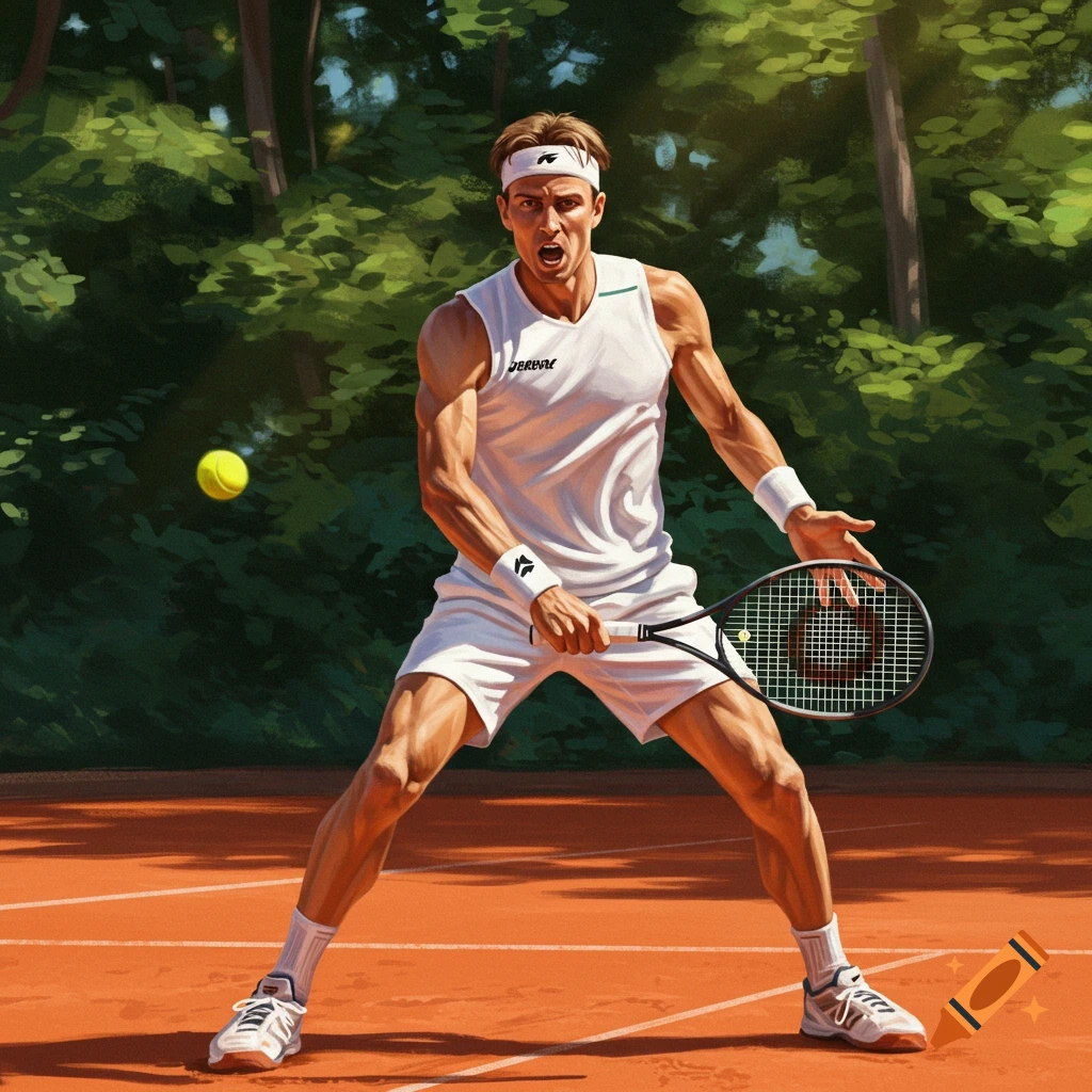 Illustrated male tennis player in white prepares to hit a tennis ball on a clay court surrounded by green trees.