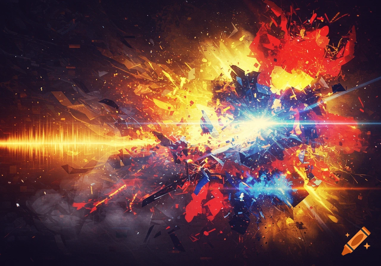 Vibrant abstract digital art depicting a colorful explosion of shattered shapes and light with a golden soundwave.