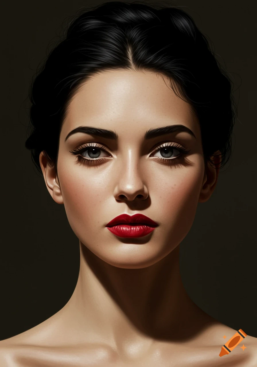 A photorealistic close-up portrait of a woman with dark hair pulled back, striking blue eyes, and red lipstick, looking directly at the viewer.