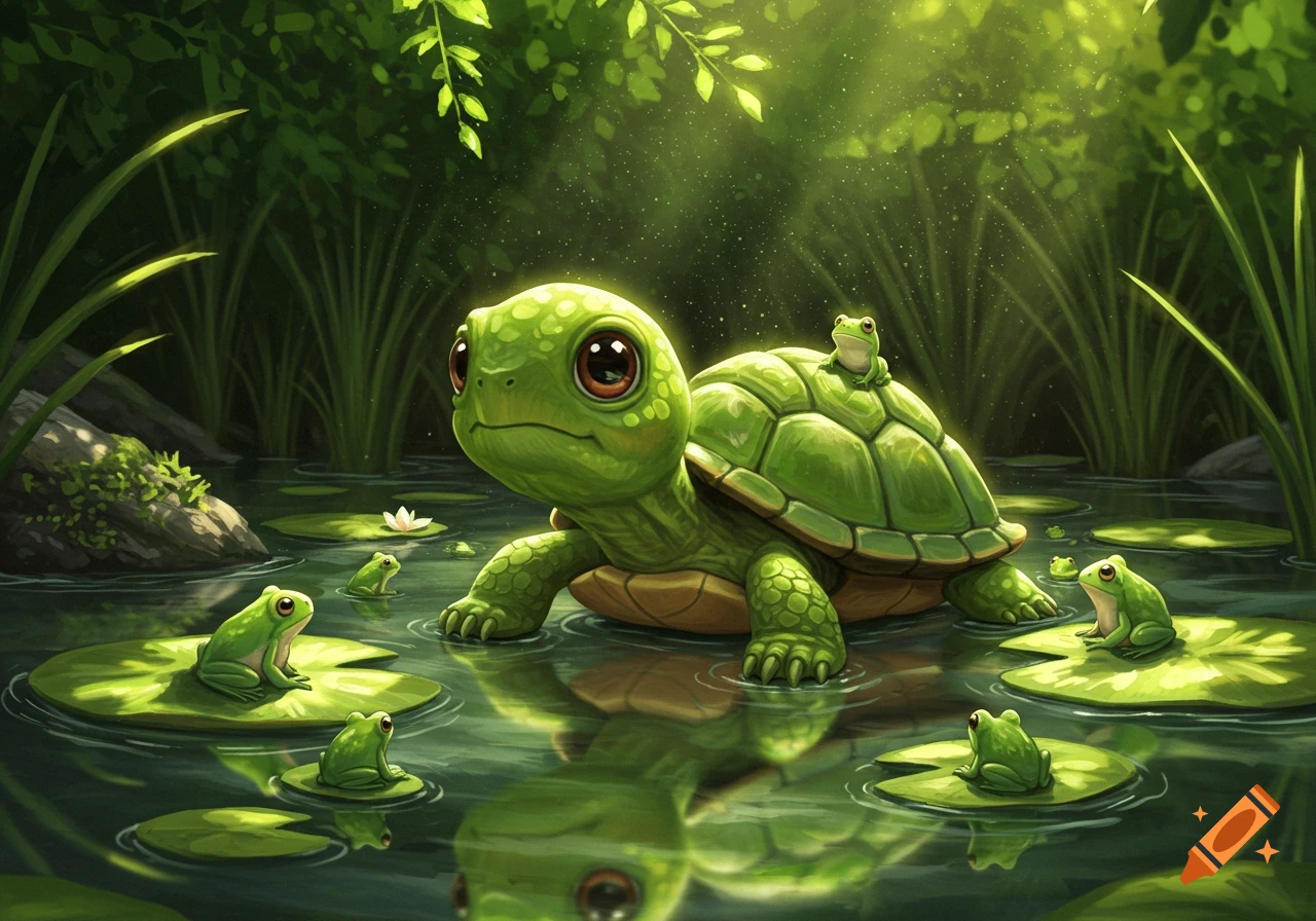 Cute cartoon green turtle with big eyes and a frog on its shell, surrounded by frogs on lily pads in a luminous pond.