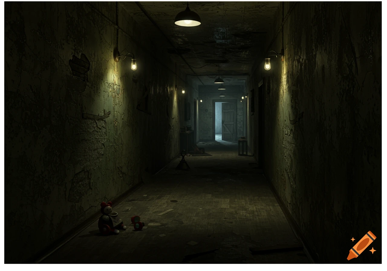 A long, dark, dilapidated horror corridor with bare lightbulbs, peeling walls, and two old dolls on the floor.