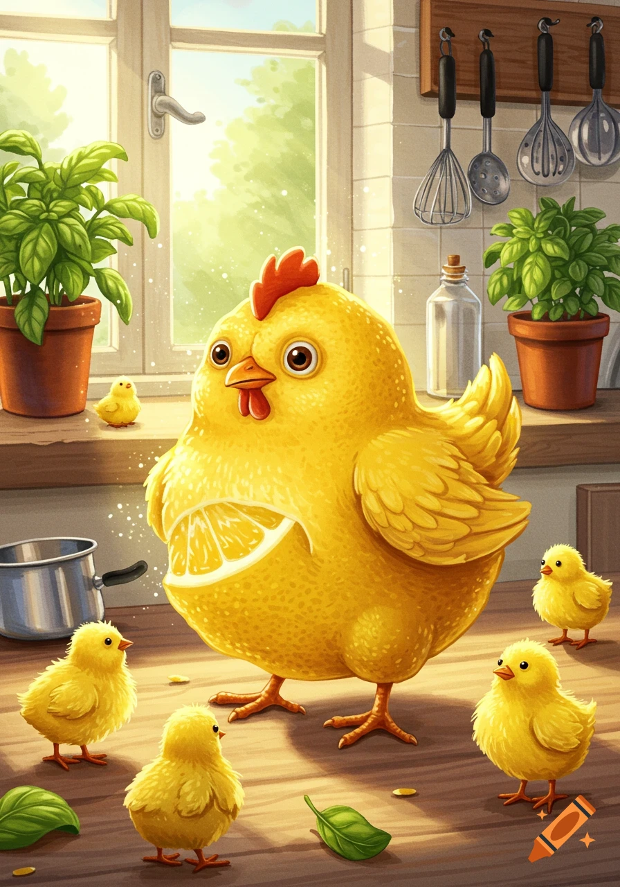 A whimsical cartoon lemon chicken with a lemon slice on its chest stands with chicks in a bright kitchen.