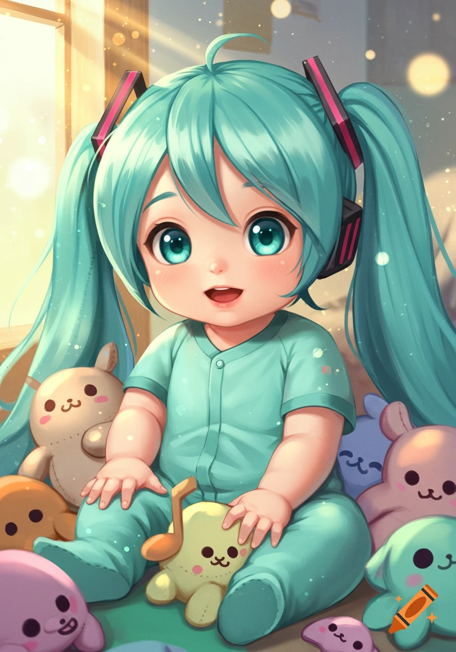 Cute anime baby with turquoise hair and large eyes, wearing a teal romper, sitting among plush toys.