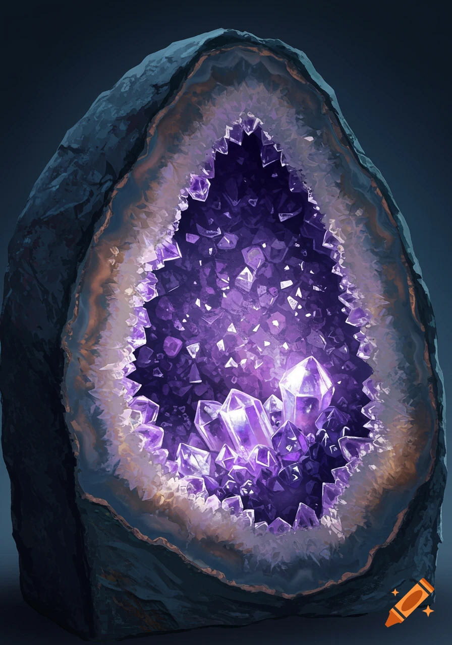 A dark purple amethyst geode filled with sparkling crystals, illuminated from within against a dark background, in a stylized illustration.