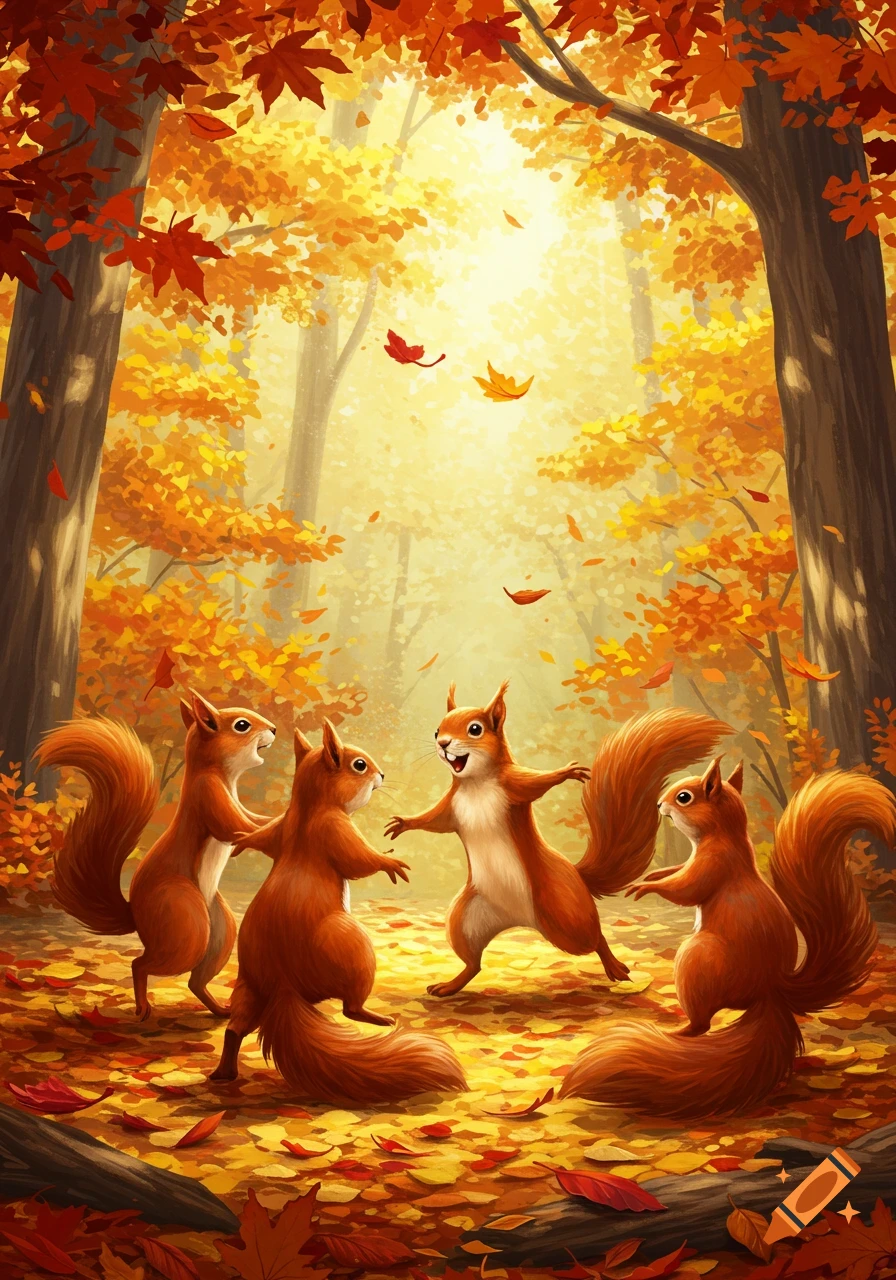 Four cartoon squirrels happily dancing in a sunlit autumn forest, surrounded by orange and yellow leaves.