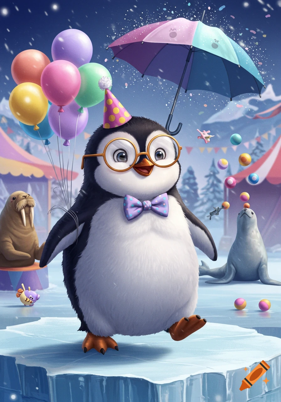 A cute cartoon penguin wearing a party hat, glasses, and a bowtie, holding balloons on an icy platform at a whimsical circus scene.