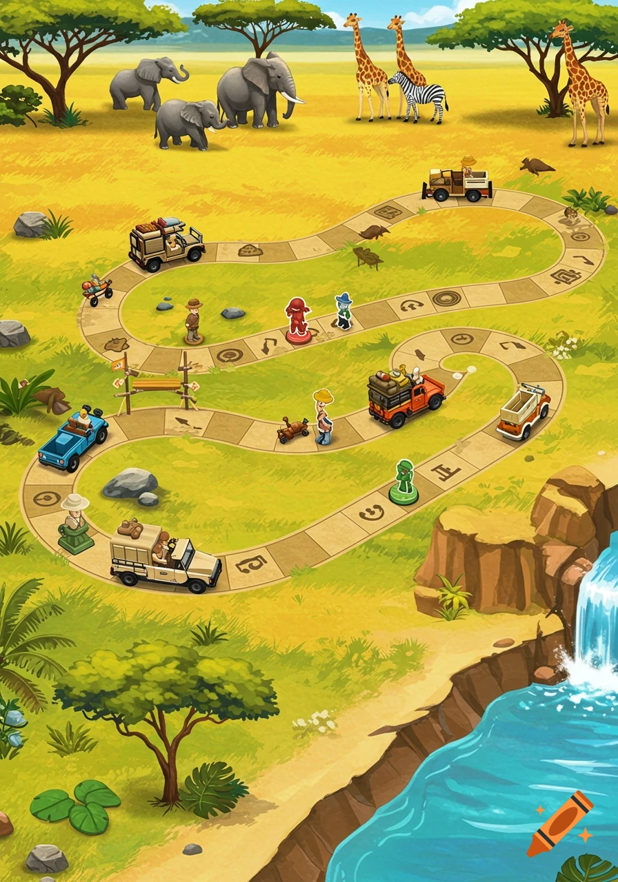 Colorful cartoon illustration of a safari board game with elephants, giraffes, jeeps, game pieces on a winding path, and a waterfall.