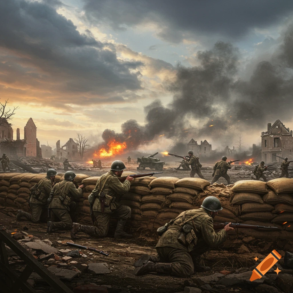 World War 2 soldiers fire rifles from behind sandbags in a devastated city with explosions under a cloudy sky.
