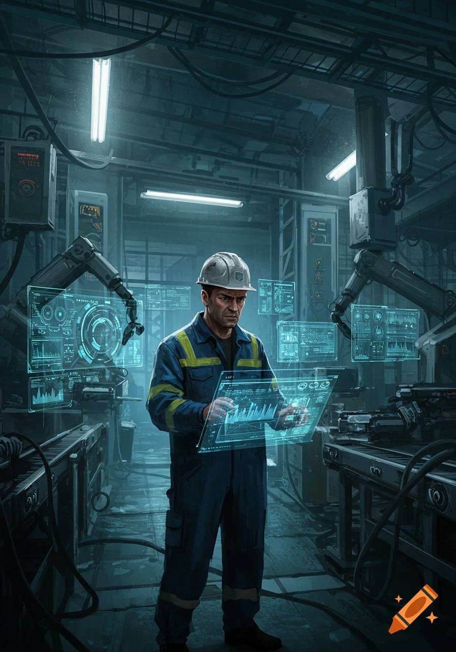 An industrial engineer in a hard hat and uniform interacts with multiple holographic screens in a dimly lit, futuristic factory setting.