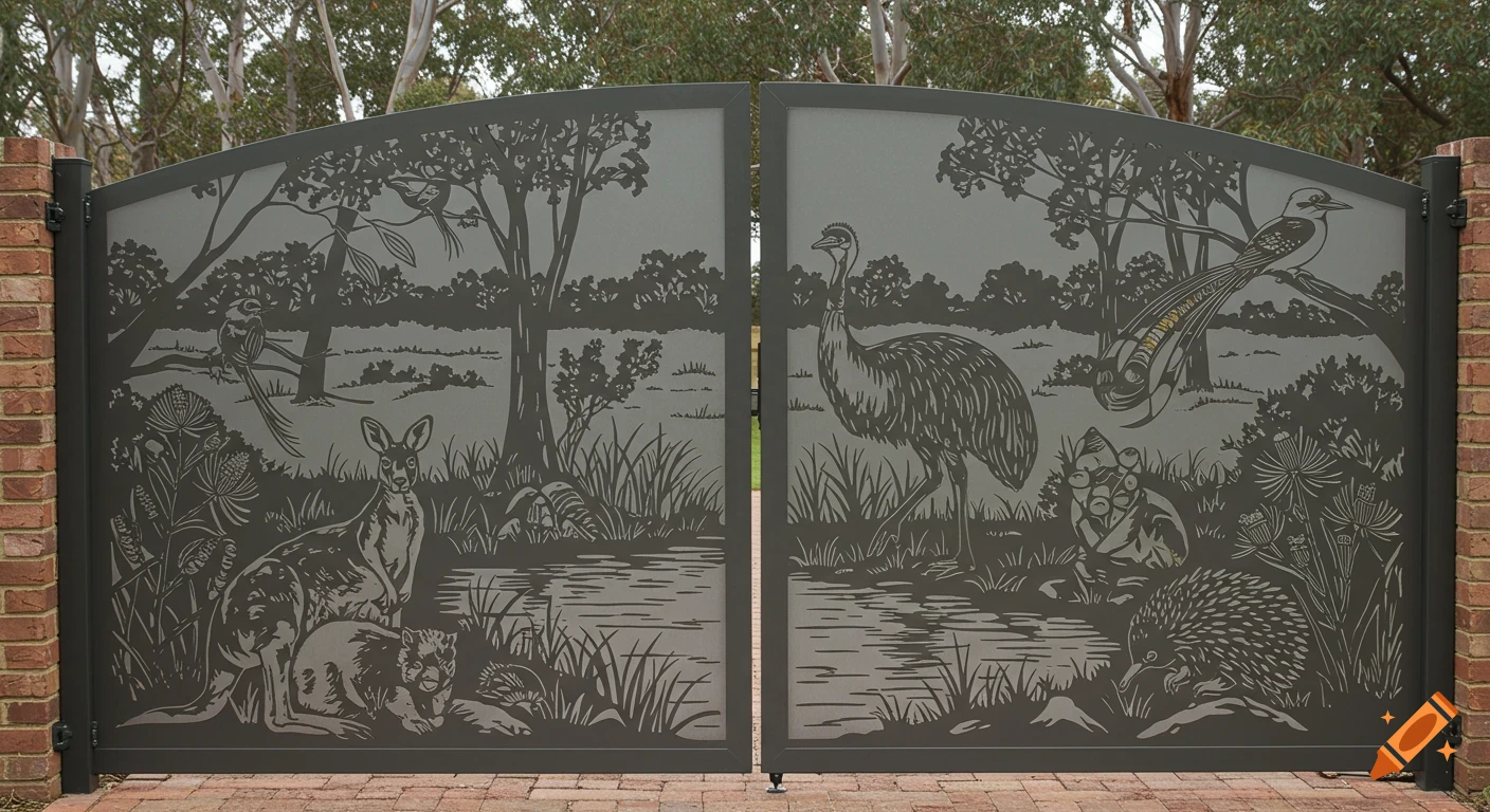 Laser-cut double driveway gates featuring silhouettes of Australian wildlife like kangaroos, emus, birds, and an echidna in a natural landscape.