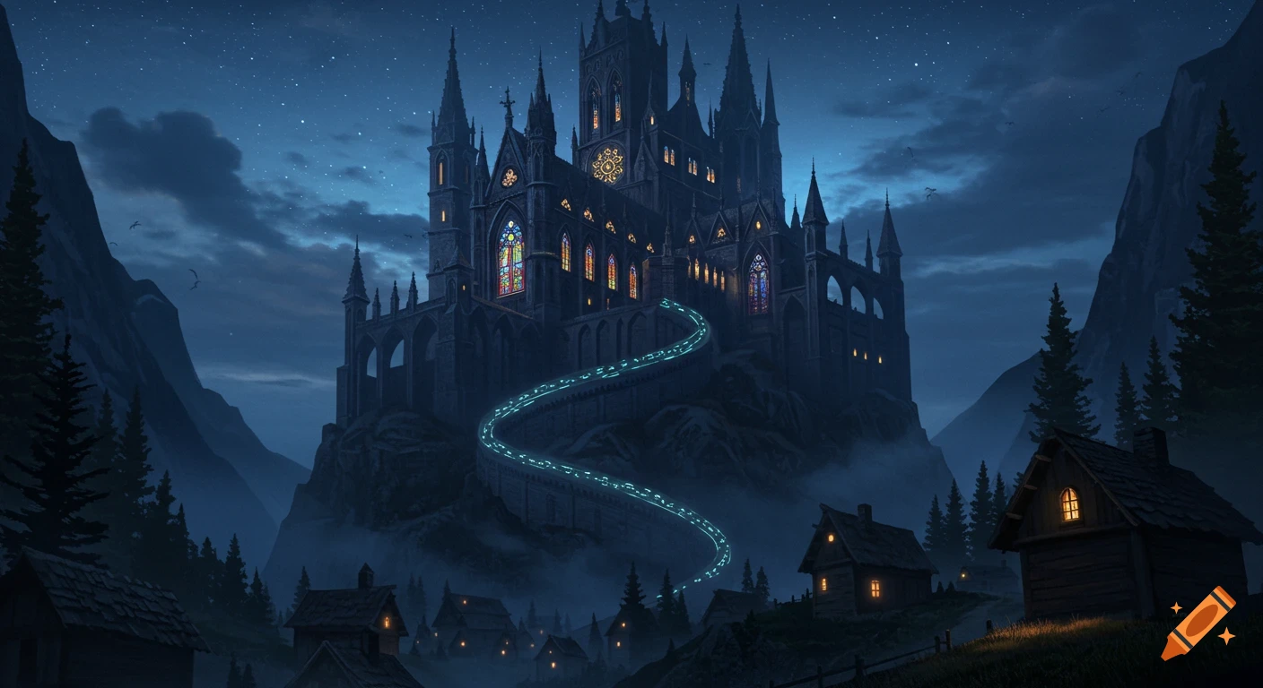 A grand, dark gothic castle with glowing windows overlooks a small village at night. A magical glowing path winds up the hill.