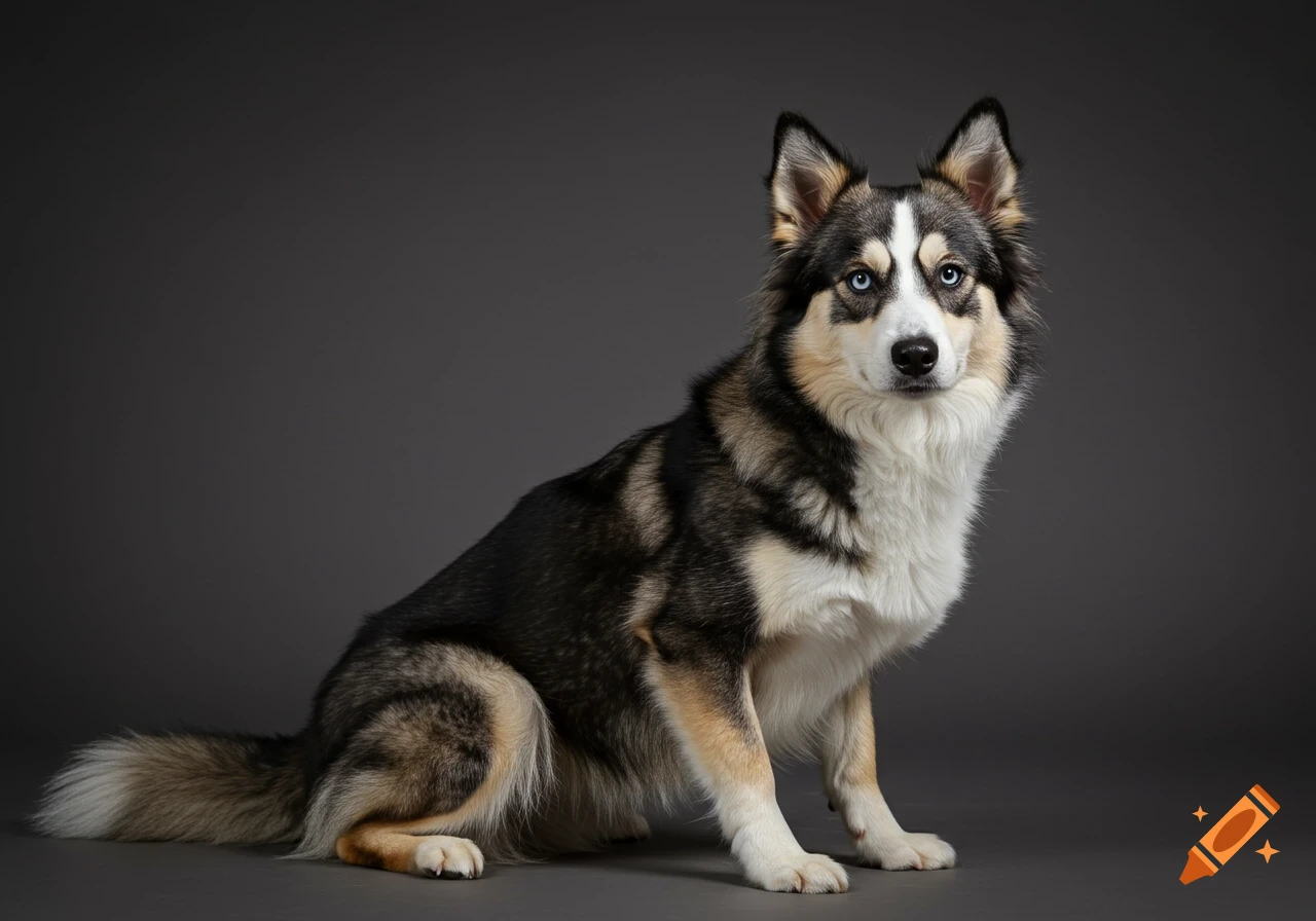 A realistic husky, border collie, malinois mix dog with black, fawn, and white fur and blue eyes, sitting in a studio with a dark gray background.