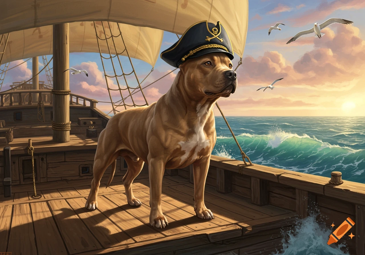 A brown pitbull dog wearing a pirate hat stands on a wooden ship, looking out at the wavy ocean and sunset sky with seagulls.
