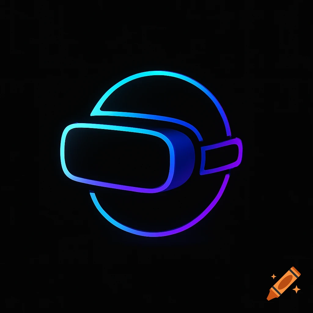 A neon blue and purple glowing VR headset logo on a black background.
