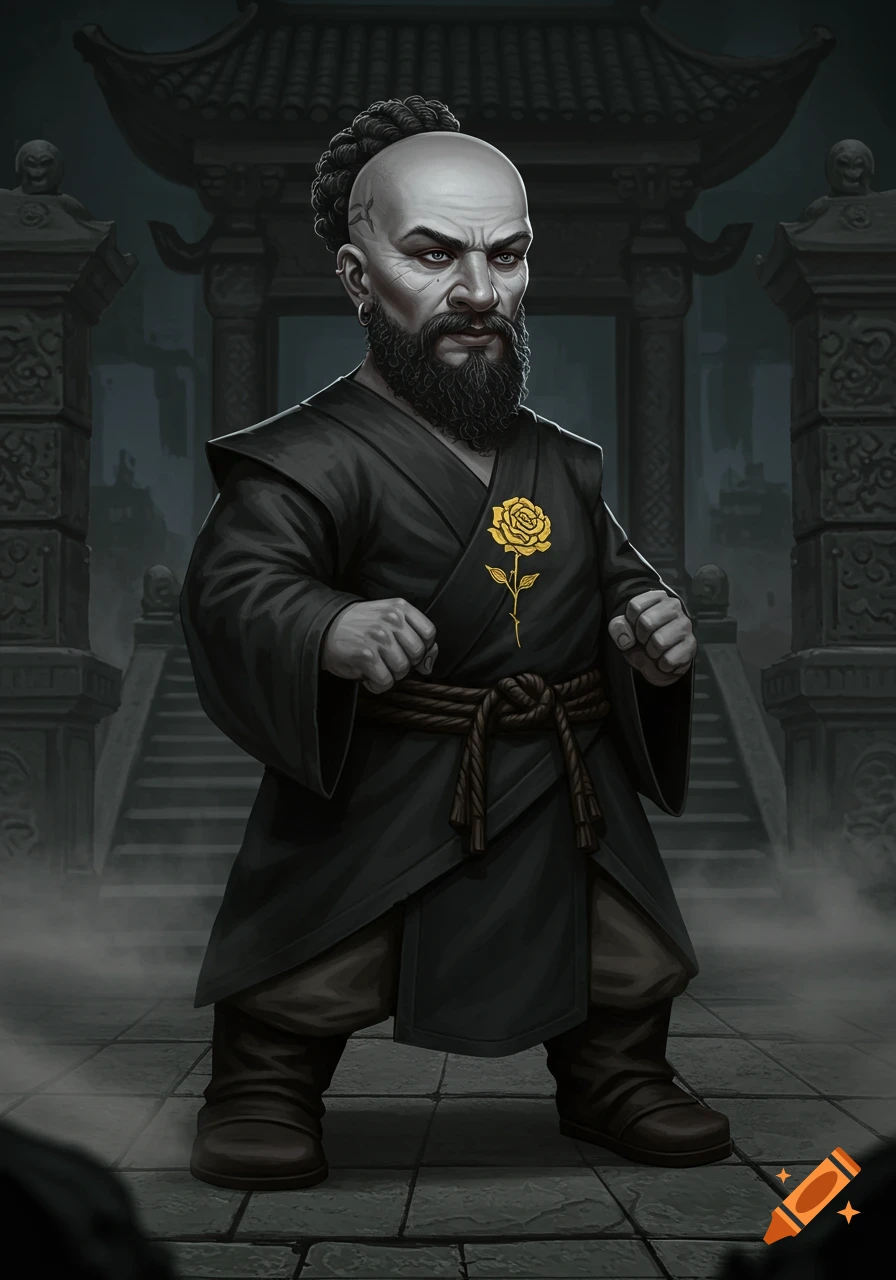 A male dwarf monk with a bald head, black beard, and dark robes stands in a martial arts pose against a dark temple backdrop.