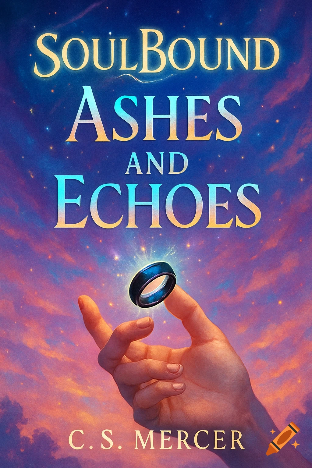 A fantasy book cover. A hand lightly touches a glowing black ring under the titles "SoulBound: Ashes and Echoes" by C.S. Mercer, against a mystical, star-filled sky.