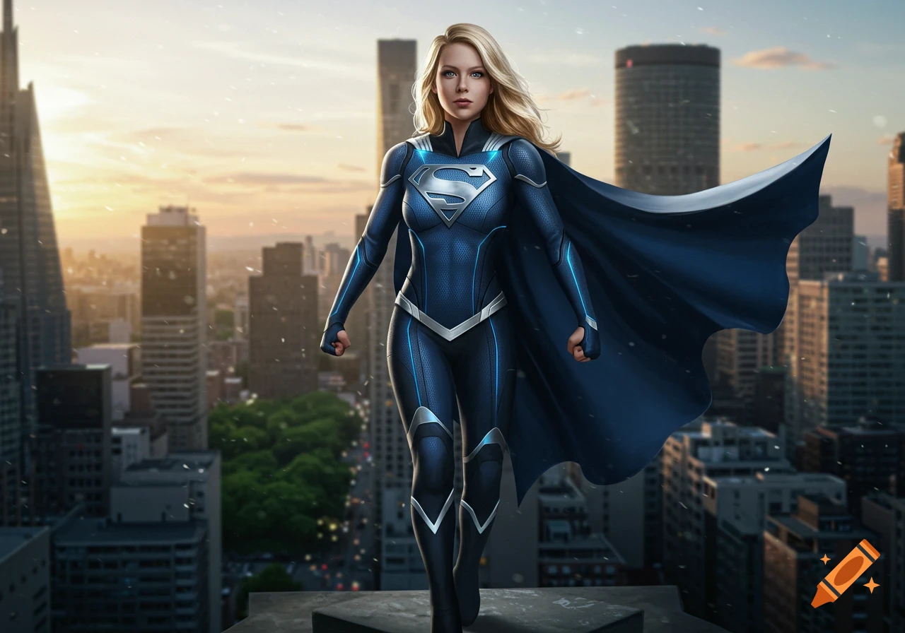 Supergirl in a blue, black, and white costume stands on a rooftop overlooking a city at sunset, photorealistic style.