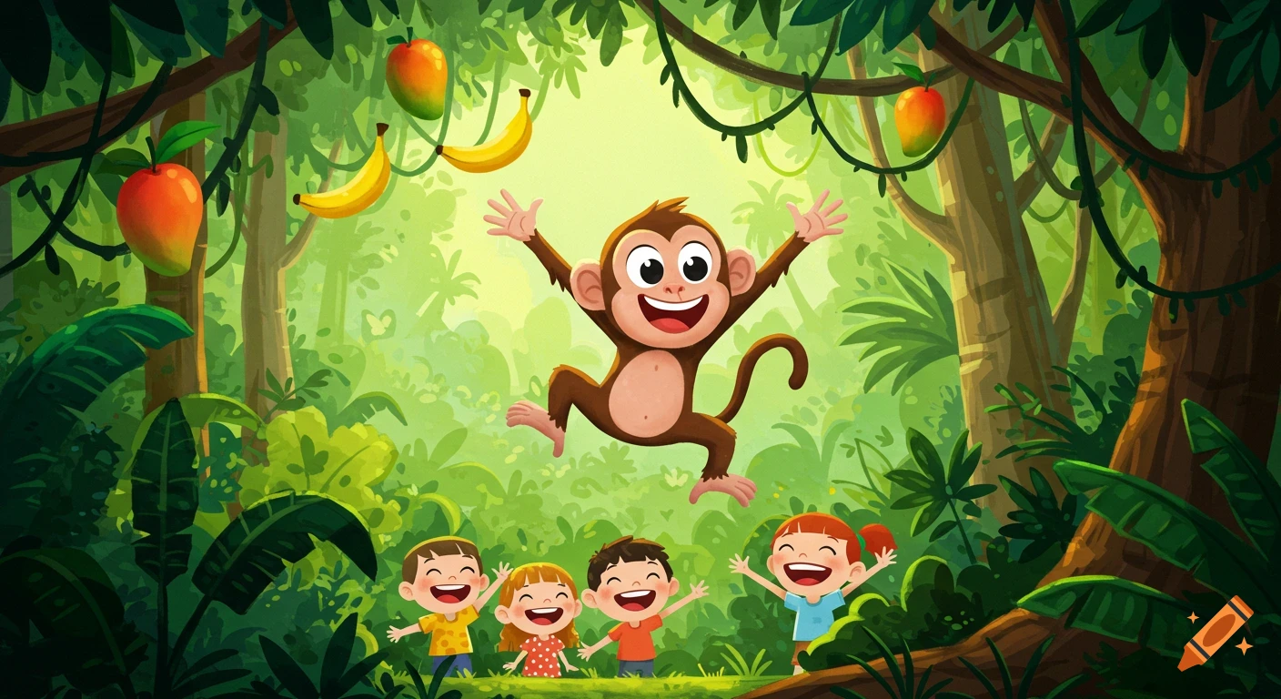 Cartoon monkey jumps over happy children in a vibrant jungle with bananas and mangoes.