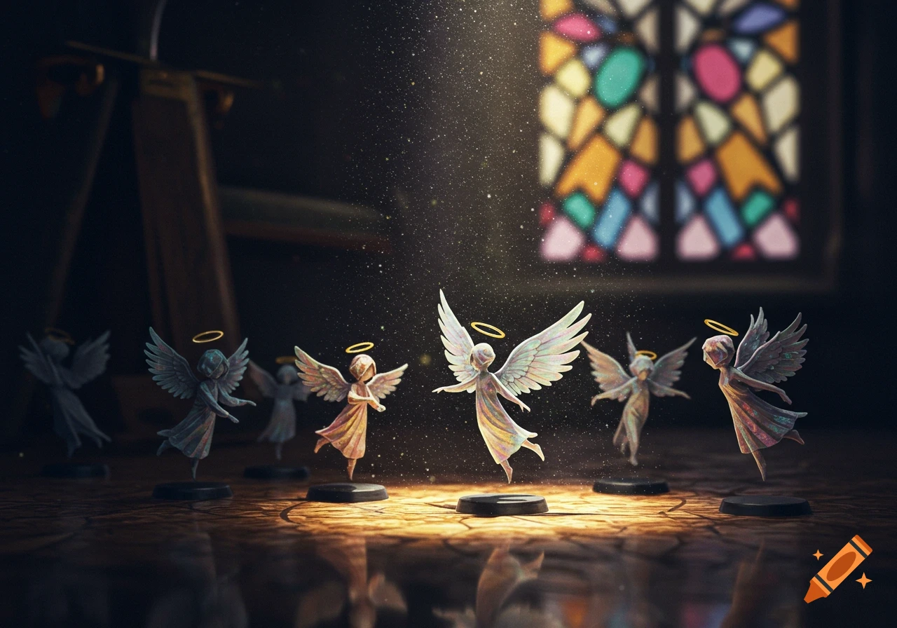 Several miniature angel figurines with halos stand in a spotlighted room with a blurred stained glass window in the background.