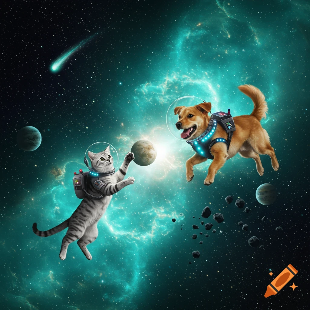 An adorable cat and dog in space, wearing astronaut suits, float amidst planets and nebulae in a vibrant teal galaxy.