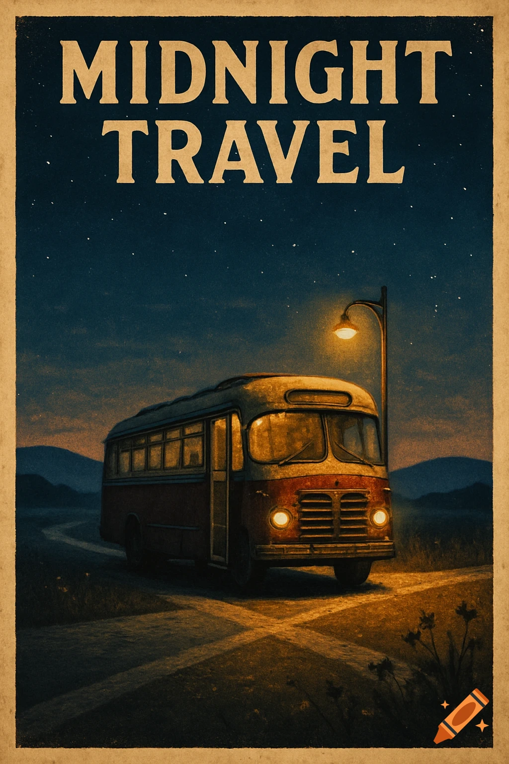 Vintage poster of an old bus at night on a dirt road, lit by a streetlamp under a starry sky. Text: 'MIDNIGHT TRAVEL'.