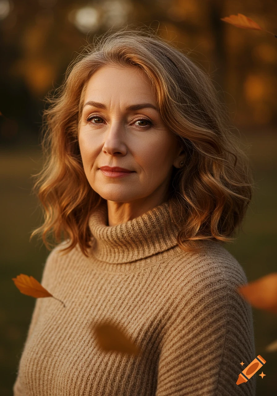 Photorealistic portrait of a middle-aged woman with wavy blonde hair in a beige turtleneck sweater, surrounded by autumn leaves.